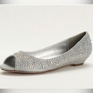 Silver rhinestone encrusted peep-toe low wedge slip on flat shoes David's Bridal